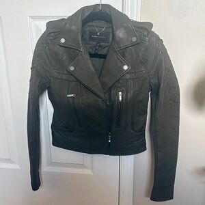 BCBGMaxAzria dark green Leather Moto Jacket with Laced Sleeve Detail